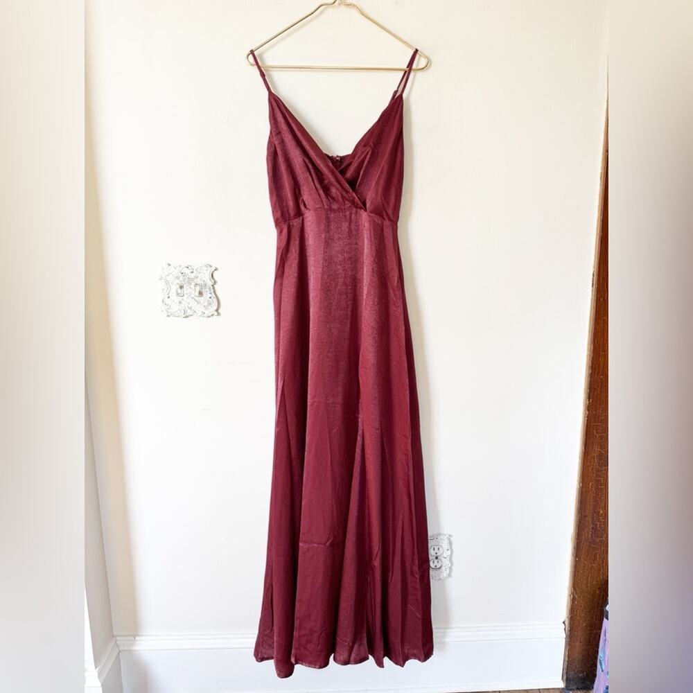 Lulus Constatine Burgundy Satin Wrap Maxi Dress Gown M - Picture 5 of 8